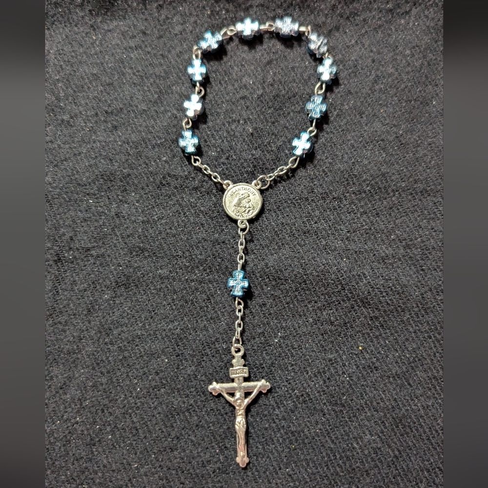 Silver Tone Blue Beaded Rosary Prayer Saint Anthony Statement Bracelet